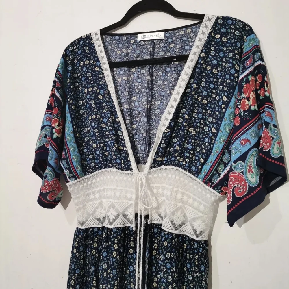 Cupshe Kimono blue w/ lace And White tassels Long length Women's Size Large